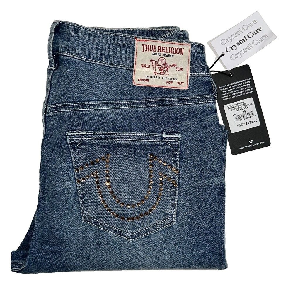 True Religion Women Jeans 28 Jennie Crystal Viper Mid Rise Curvy Skinny $179 NEW